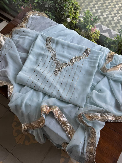 Powder Blue Mukaish Badla Pure Georgette Kurta Set