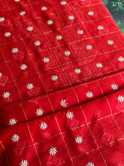 Red Shade Tissue Zari Kota Chikankari Unstitched Fabric