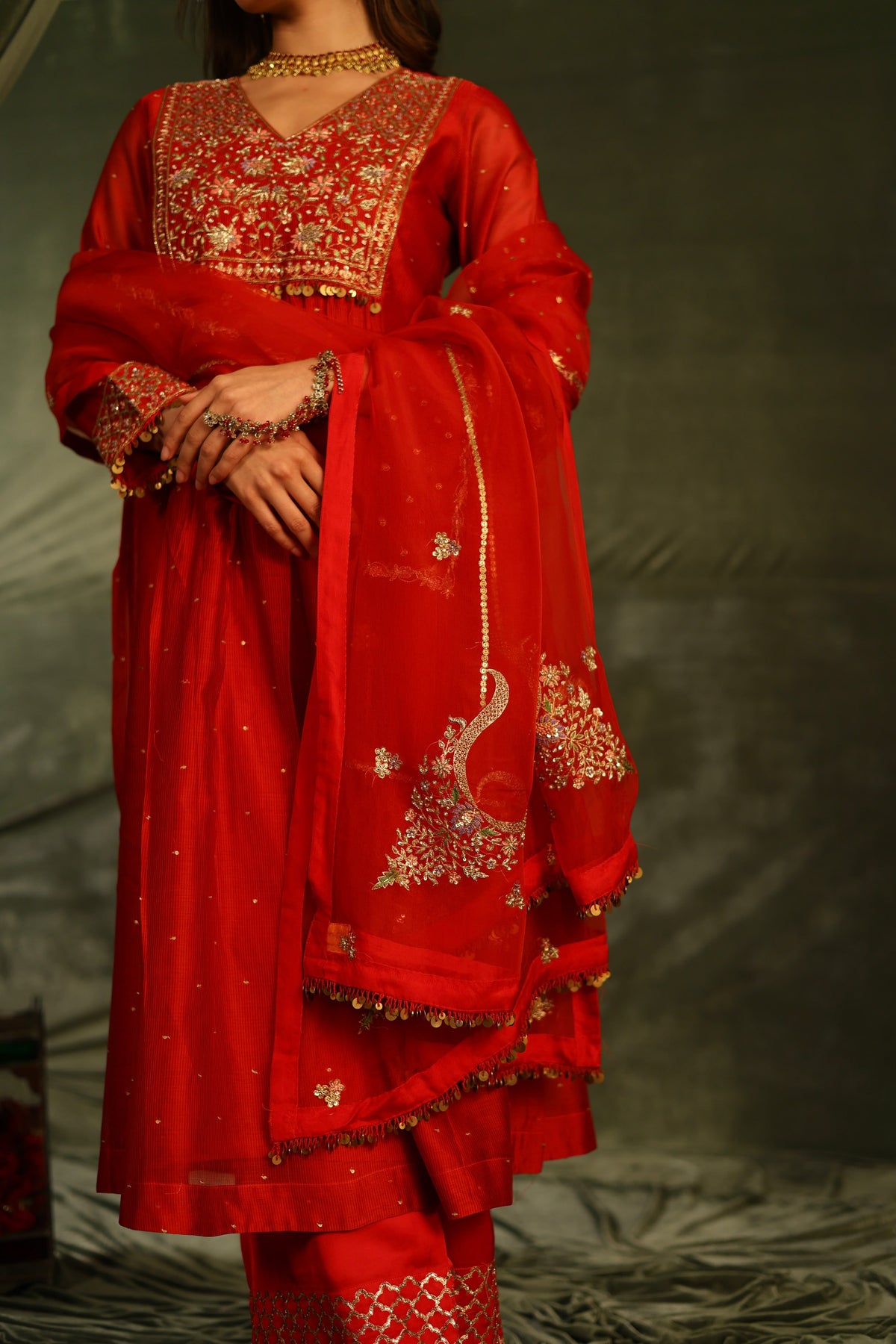Red & Purple Maheshwari Silk Awadhi Zardosi Kurta Set