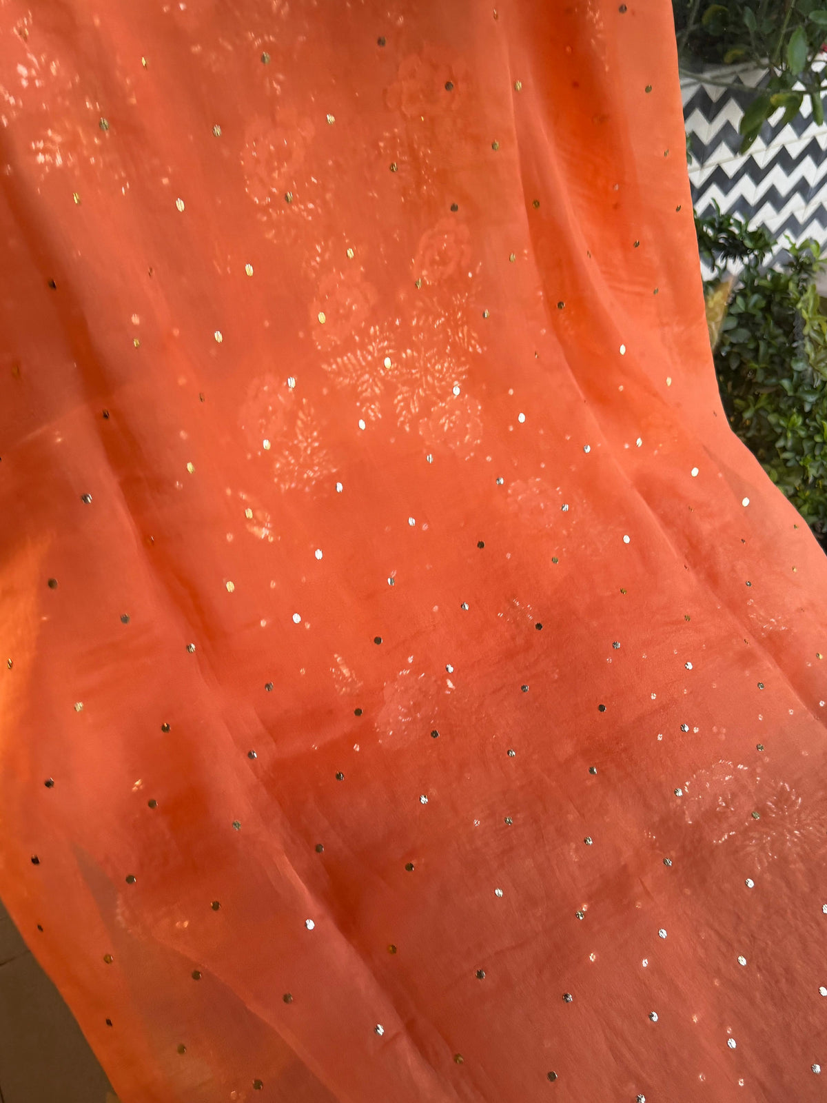 Orange Noor Organza Silk Mukaish Pearl Chikankari Unstitched Fabric