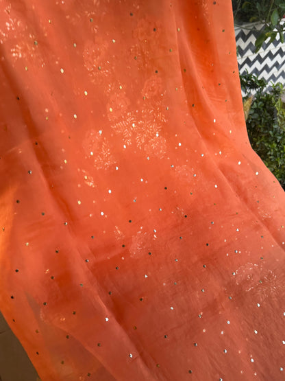 Orange Noor Organza Silk Mukaish Pearl Chikankari Unstitched Fabric