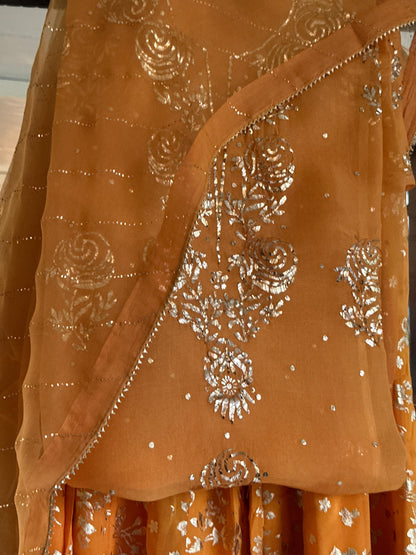 Saffron Shade Foil Print Organza Chikankari Sharara Set