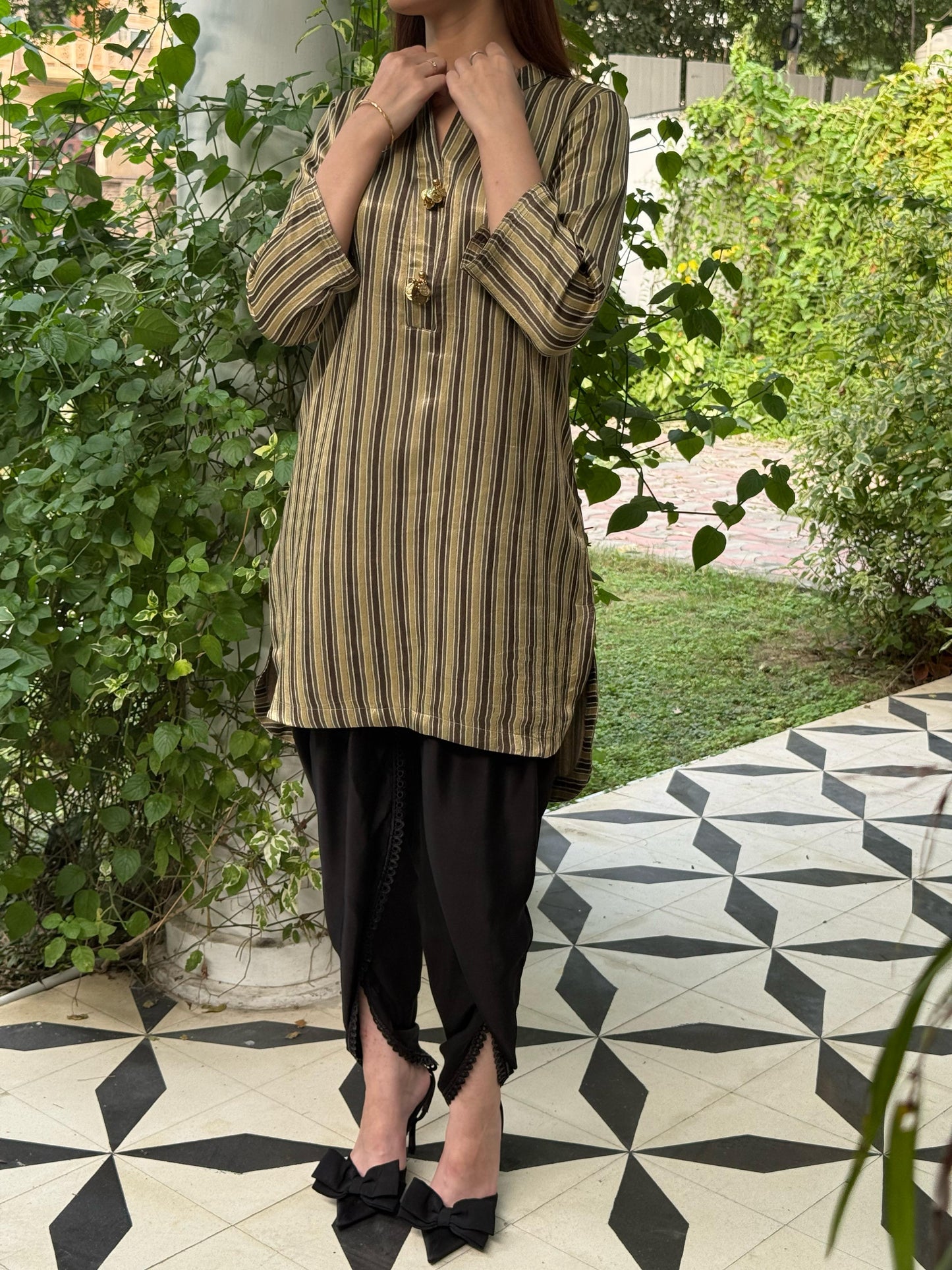 Ajrak Tan Brown Shade Mashru Silk, Short Kurta