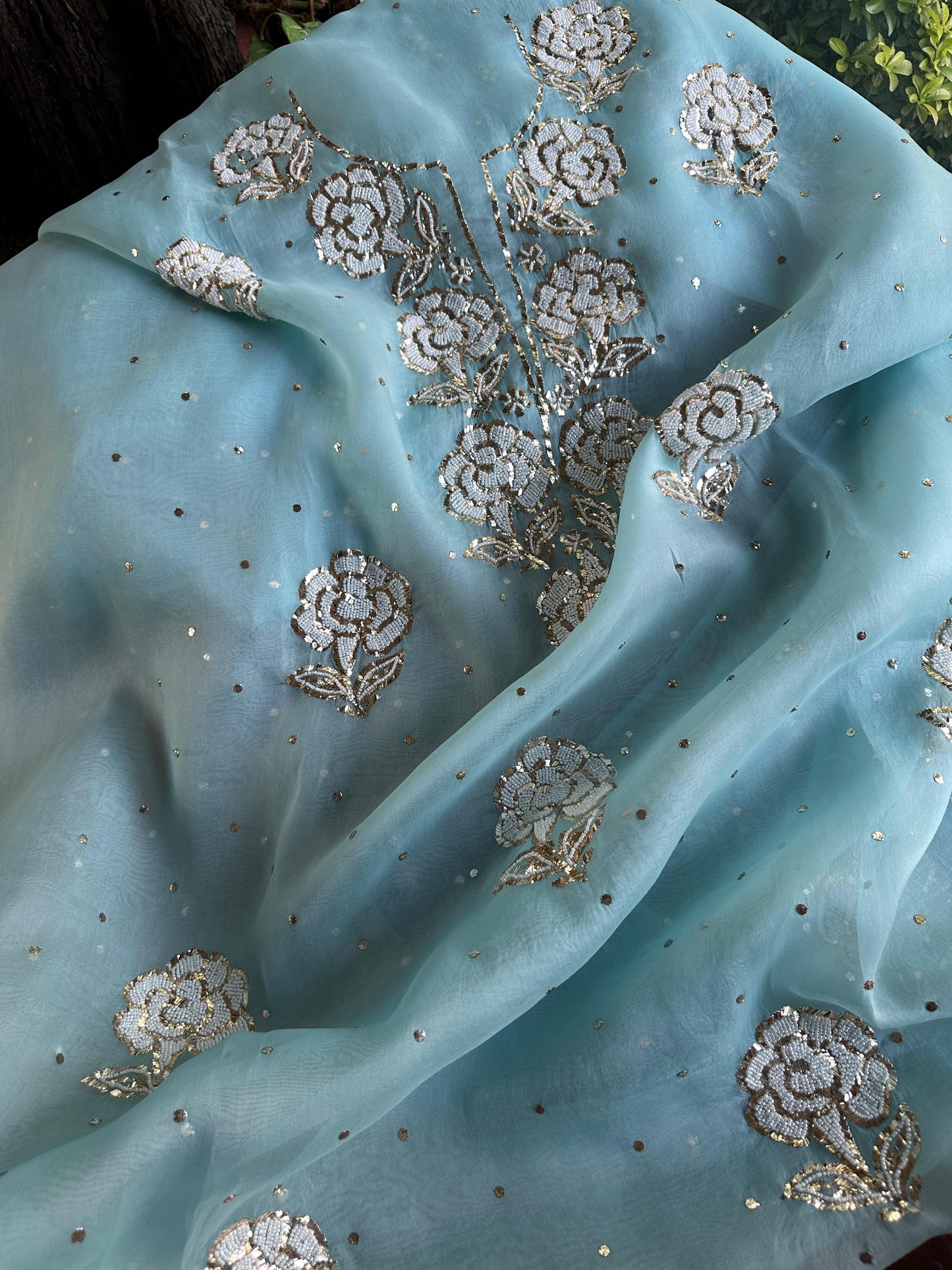Blue Noor Organza Silk Mukaish Pearl Chikankari Unstitched Fabric
