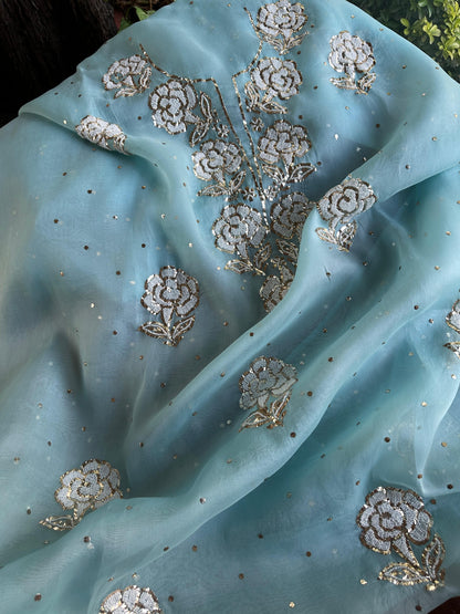 Blue Noor Organza Silk Mukaish Pearl Chikankari Unstitched Fabric