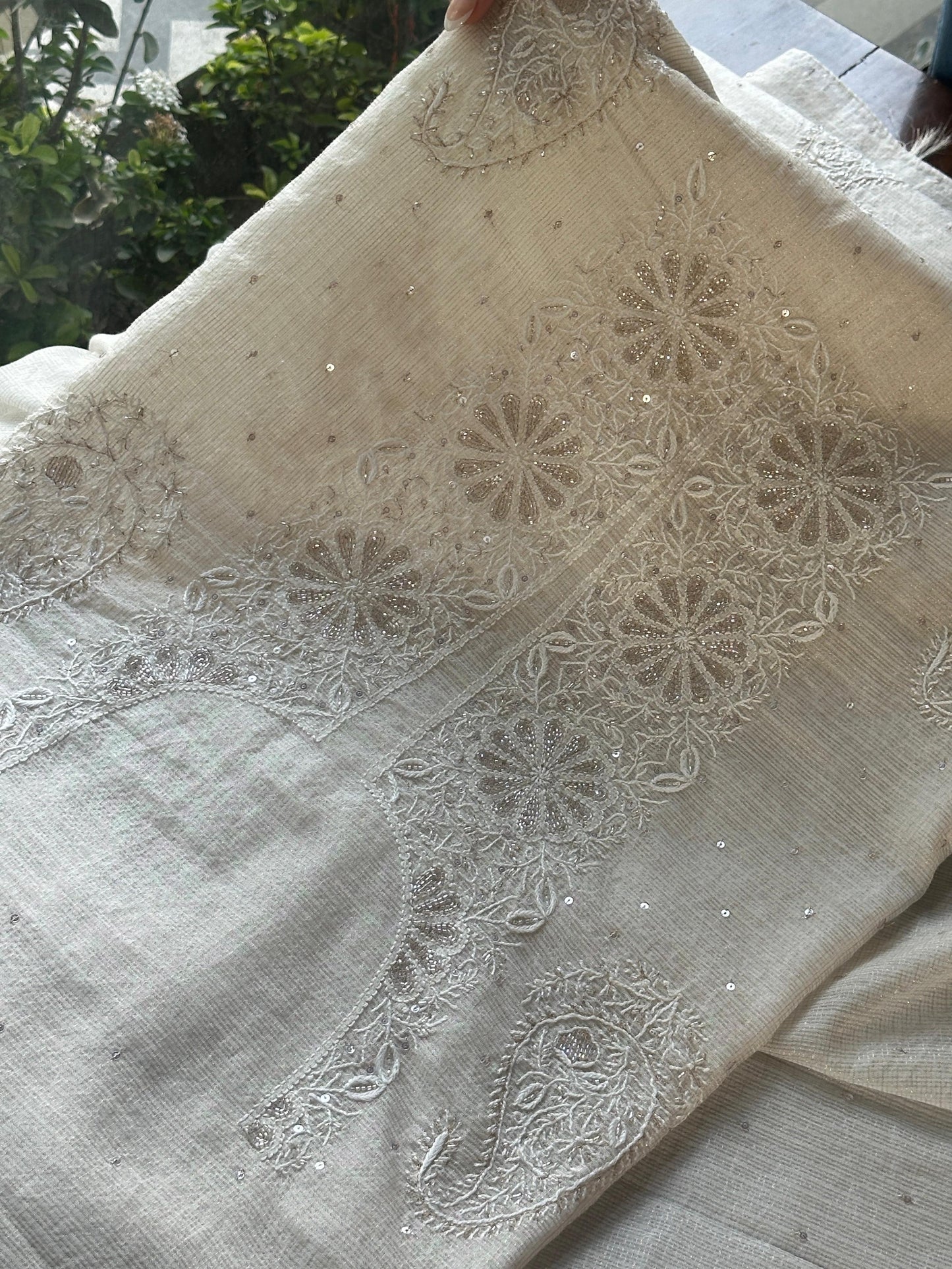 Off White Shade Tissue Zari Kota Chikankari Unstitched Fabric