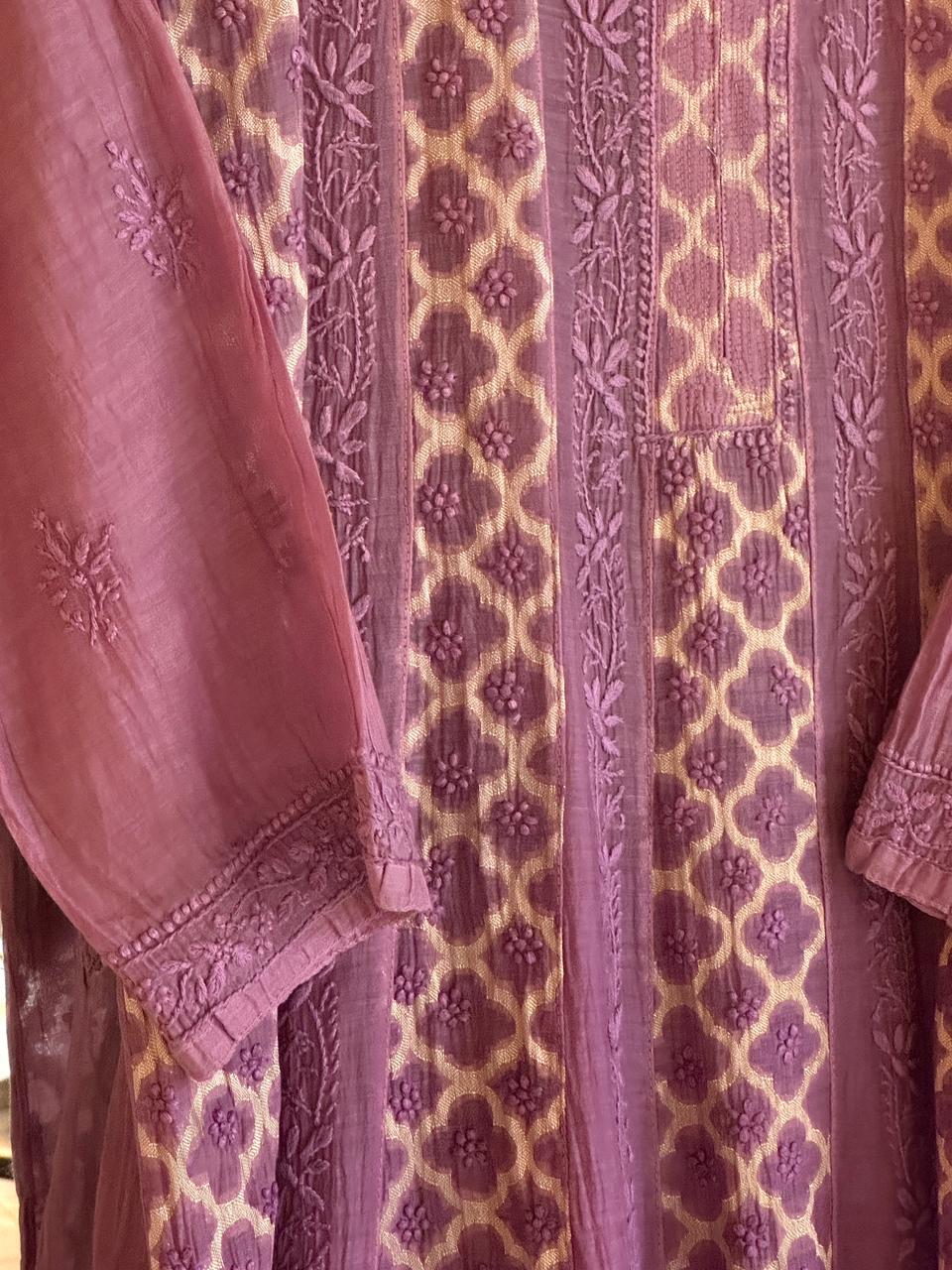 Purple Zari Chanderi Chikankari A Line Kurta with Slip