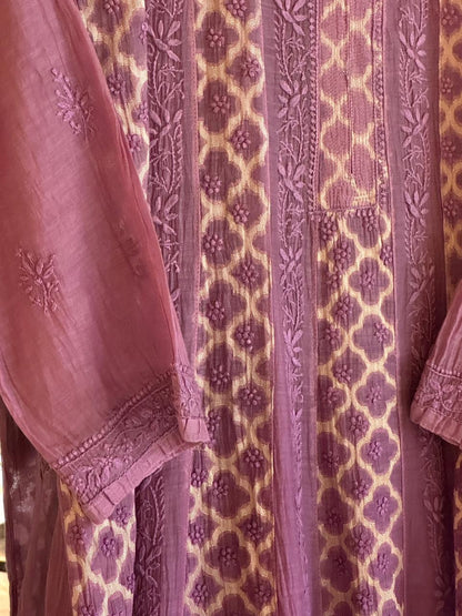Purple Zari Chanderi Chikankari A Line Kurta with Slip