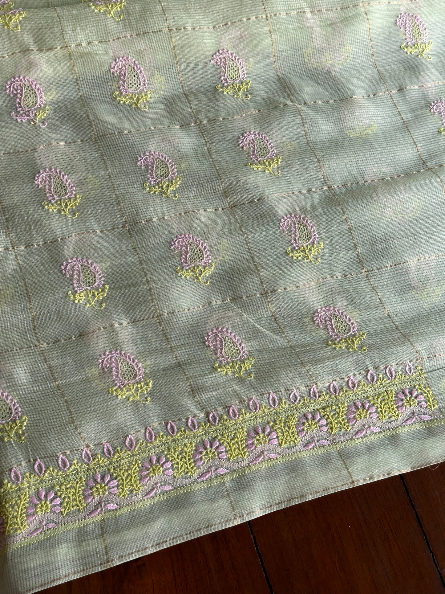 Olive Green Shade Tissue Zari Kota Chikankari Unstitched Fabric