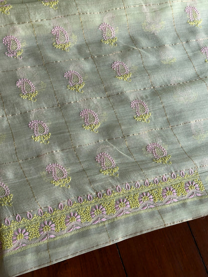 Olive Green Shade Tissue Zari Kota Chikankari Unstitched Fabric