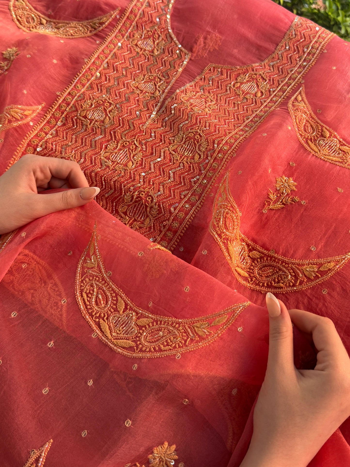 Peach Shade Noor Organza Silk Chikankari Unstitched Fabric