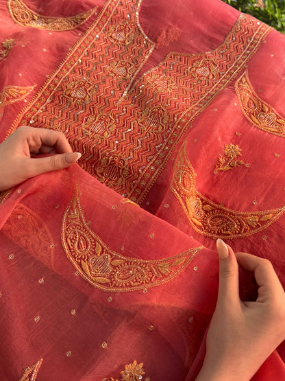 Peach Shade Noor Organza Silk Chikankari Unstitched Fabric
