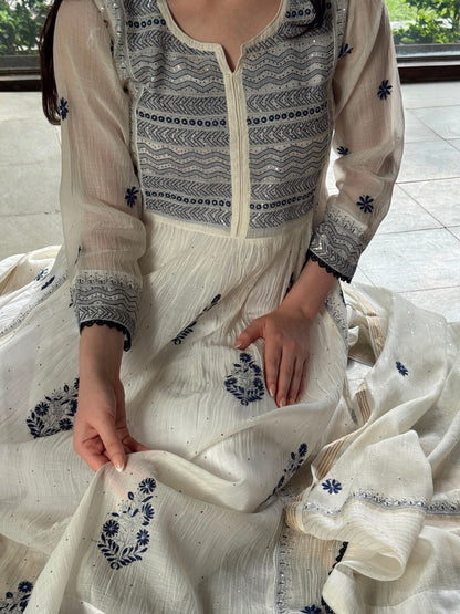 White Melon | Malmal Mukaish Kamdani Chikankari Stitched Kurta Dupatta Set