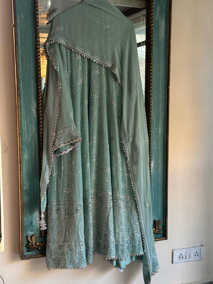 Cement Green Sequinned Georgette Chikankari Anarkali