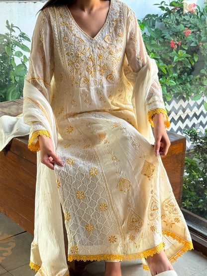 Off White & Yellow Malmal Pearl Work Chikankari Kalidar Kurta Set