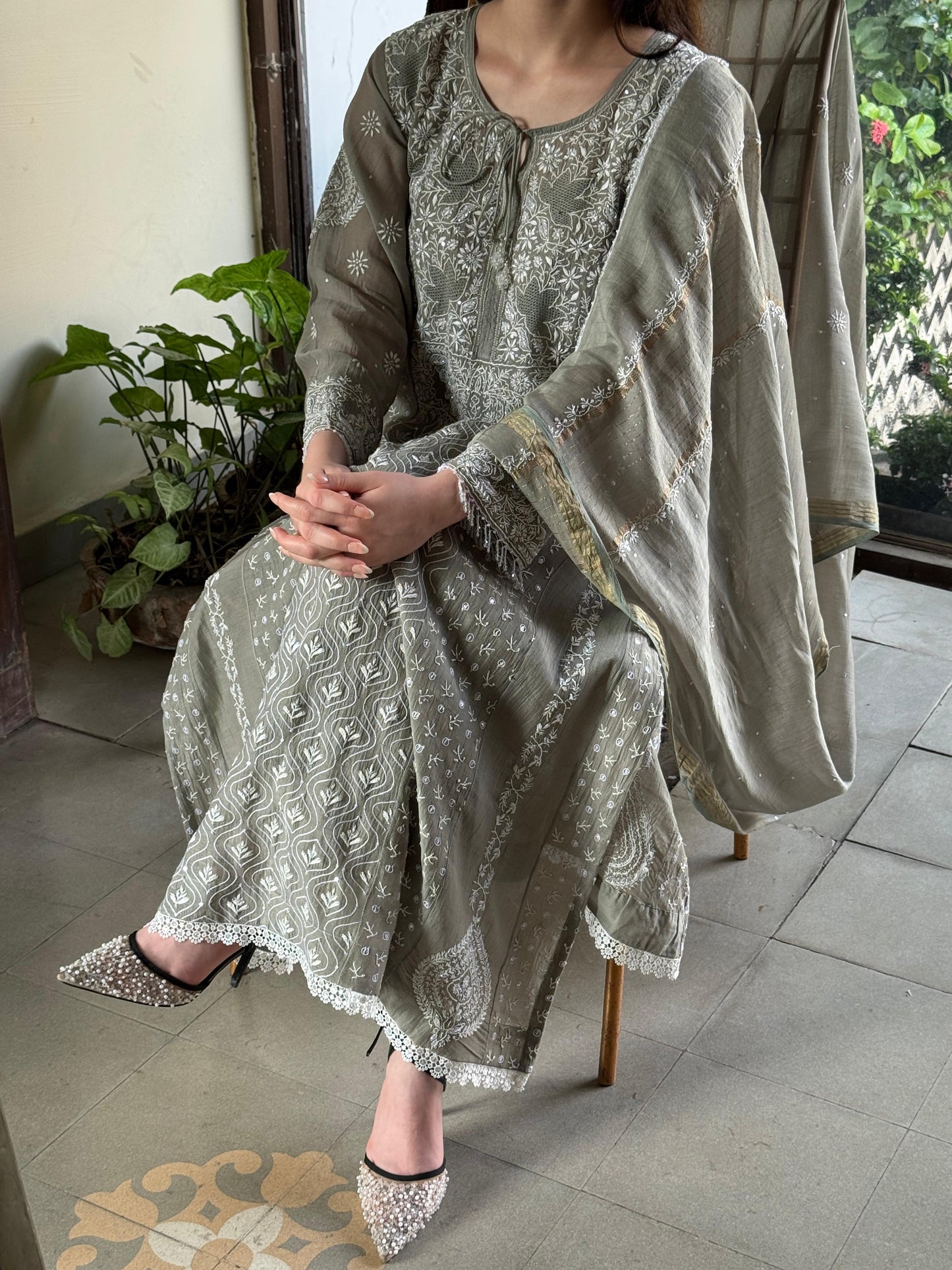 Slate Grey Shade Malmal Pearl Work Chikankari Anarkali