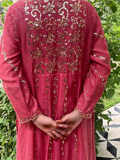 Sorbet Pink Mukaish Mul Chanderi Silk Ready To Wear Dress