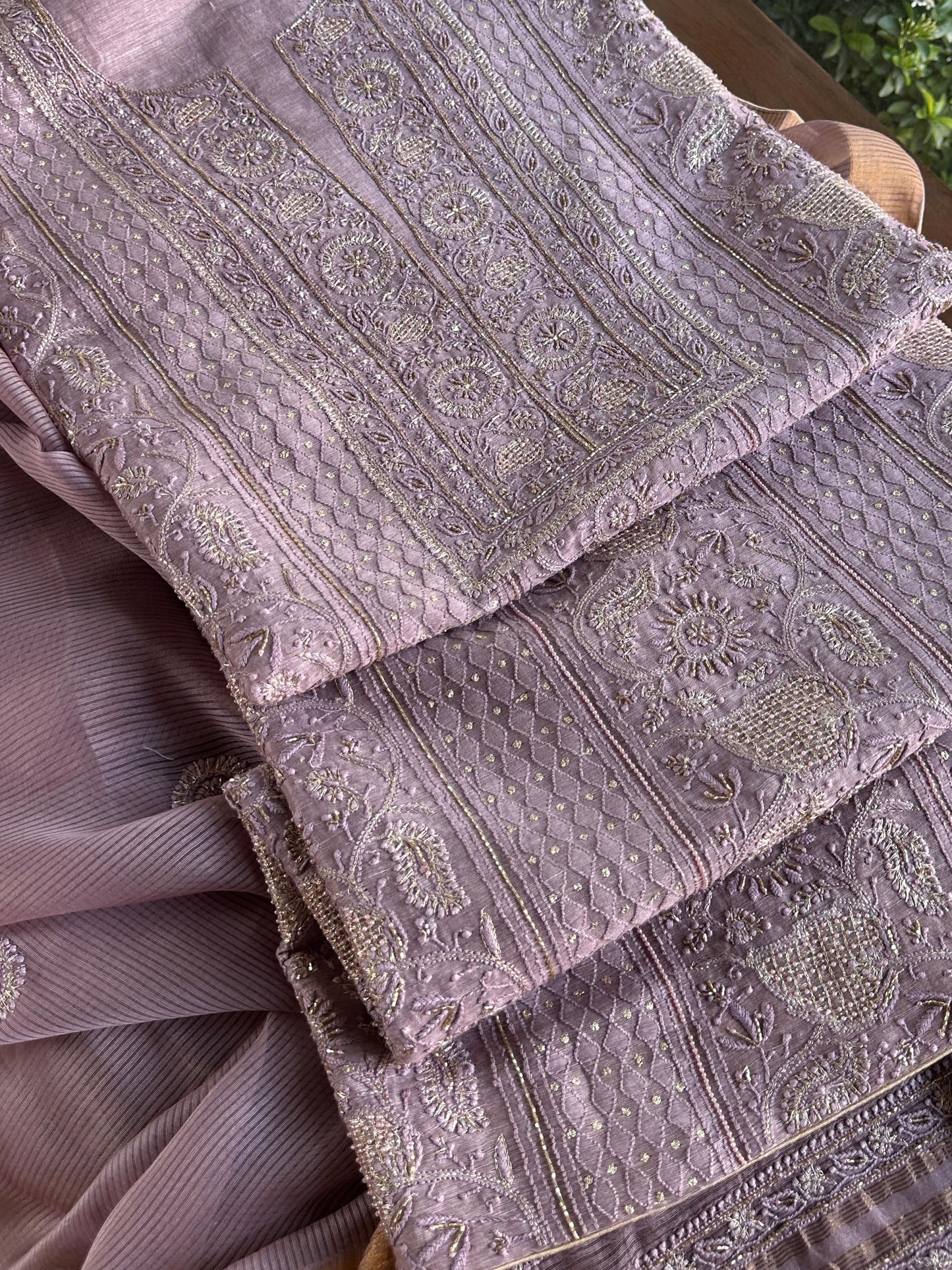 Purple Shade Linen Silk Chikankari With Ari Work Unstitched Kurta Dupatta Set