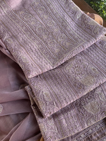 Purple Shade Linen Silk Chikankari With Ari Work Unstitched Kurta Dupatta Set