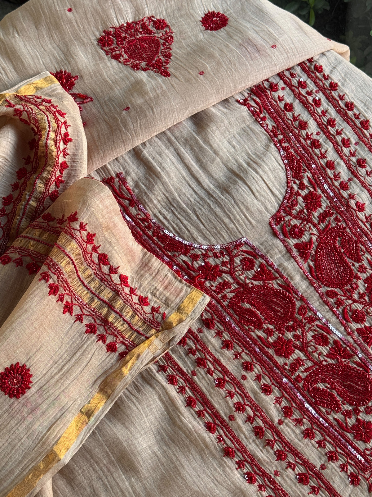 Beige & Red Mal Chanderi Silk Chikankari With Sequins Unstitched Kurta Dupatta Set