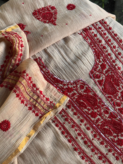 Beige & Red Mal Chanderi Silk Chikankari With Sequins Unstitched Kurta Dupatta Set