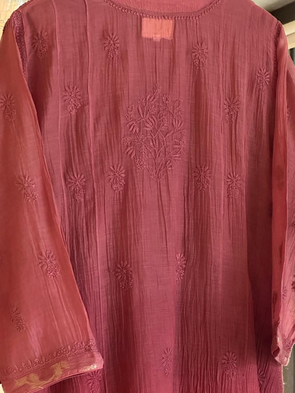 Maroon Zari Chanderi Chikankari A Line Kurta with Slip