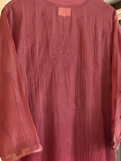 Maroon Zari Chanderi Chikankari A Line Kurta with Slip