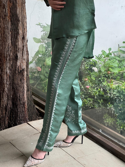 Slate Green Satin Shimmer Chikankari Co-Ord Set