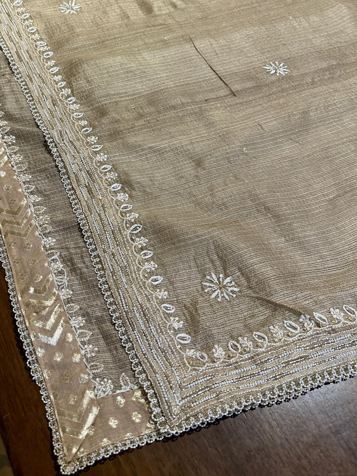 Beige Rasm Tussar Kota Chikankari Unstitched Chikankari Fabric