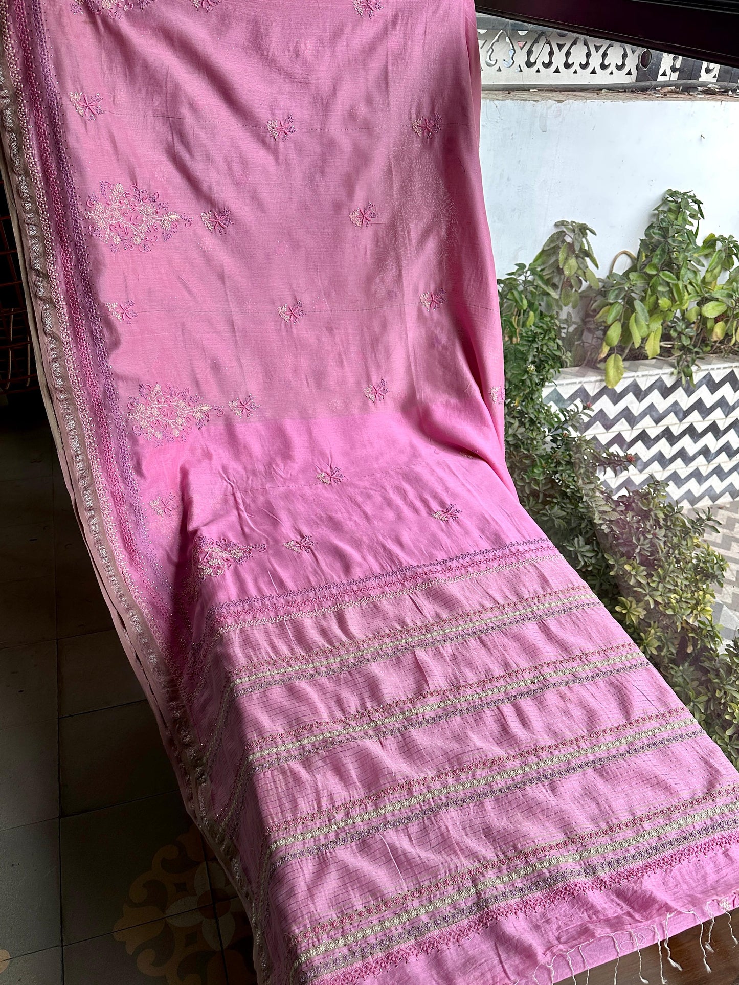 Pink Shade Chanderi Chikankari Saree