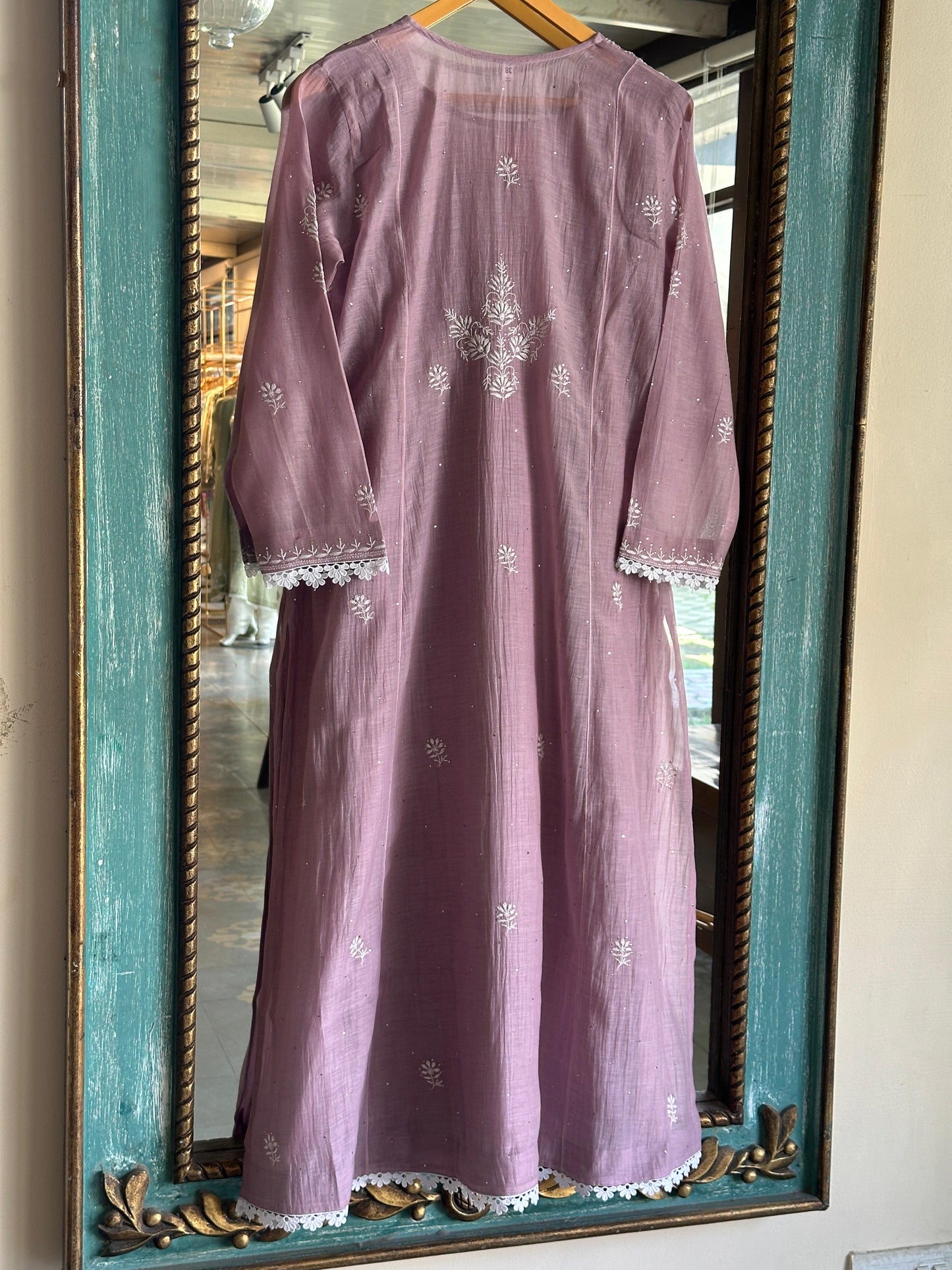 Lavender Shade Malmal Mukaish Kamdani Chikankari Kalidar Angarkha