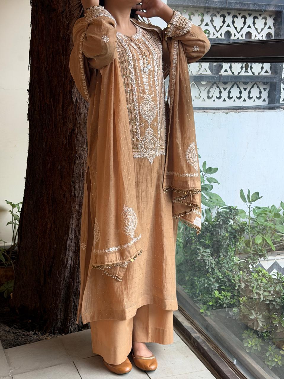 Crush Mul Heavy Chikankari Yoke Kurta Set