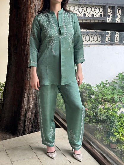 Slate Green Satin Shimmer Chikankari Co-Ord Set