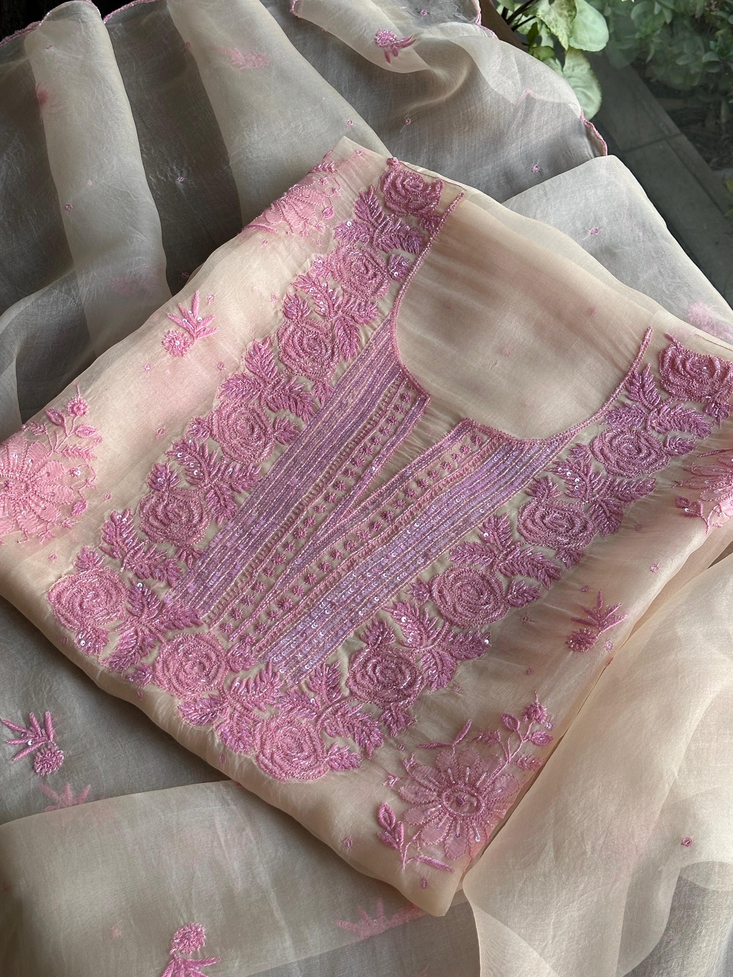 Ivory Shade Noor Organza Silk Chikankari Unstitched Kurta Dupatta Set