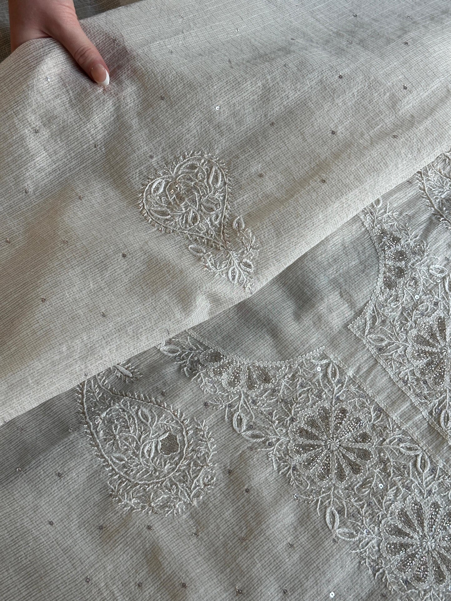 Off White Shade Tissue Zari Kota Chikankari Unstitched Fabric
