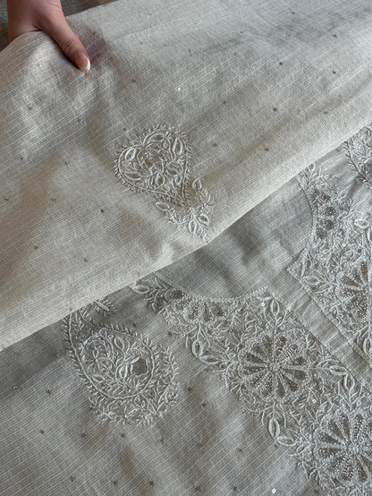 Off White Shade Tissue Zari Kota Chikankari Unstitched Fabric