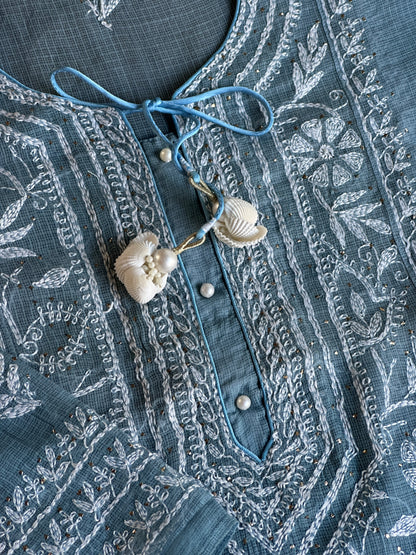 Blue Shade Semi Stitched Kota Tepchi Chikankari Kurta Dupatta Set