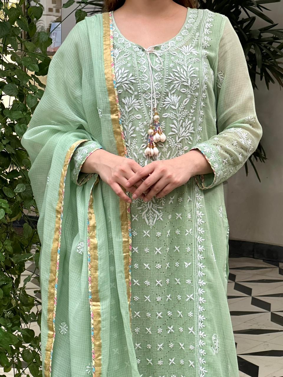 Green Shade Kota Applique Chikankari Kurta Dupatta Set