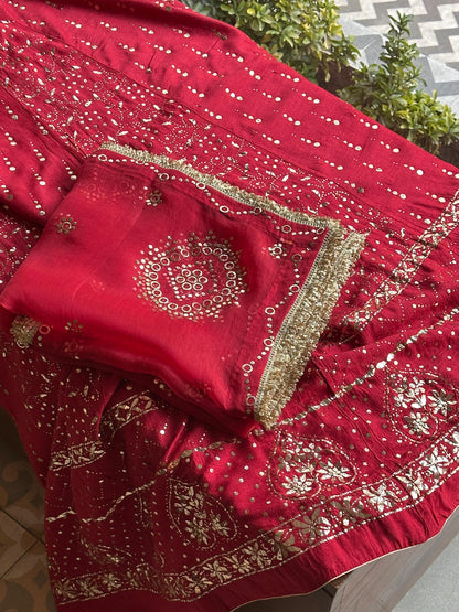 Red Moonga Silk Mukaish Badla Lehenga Set