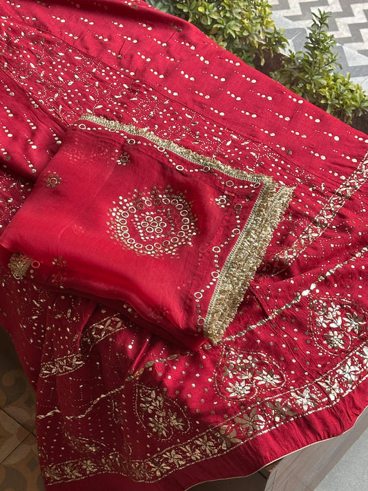 Red Moonga Silk Mukaish Badla Lehenga Set
