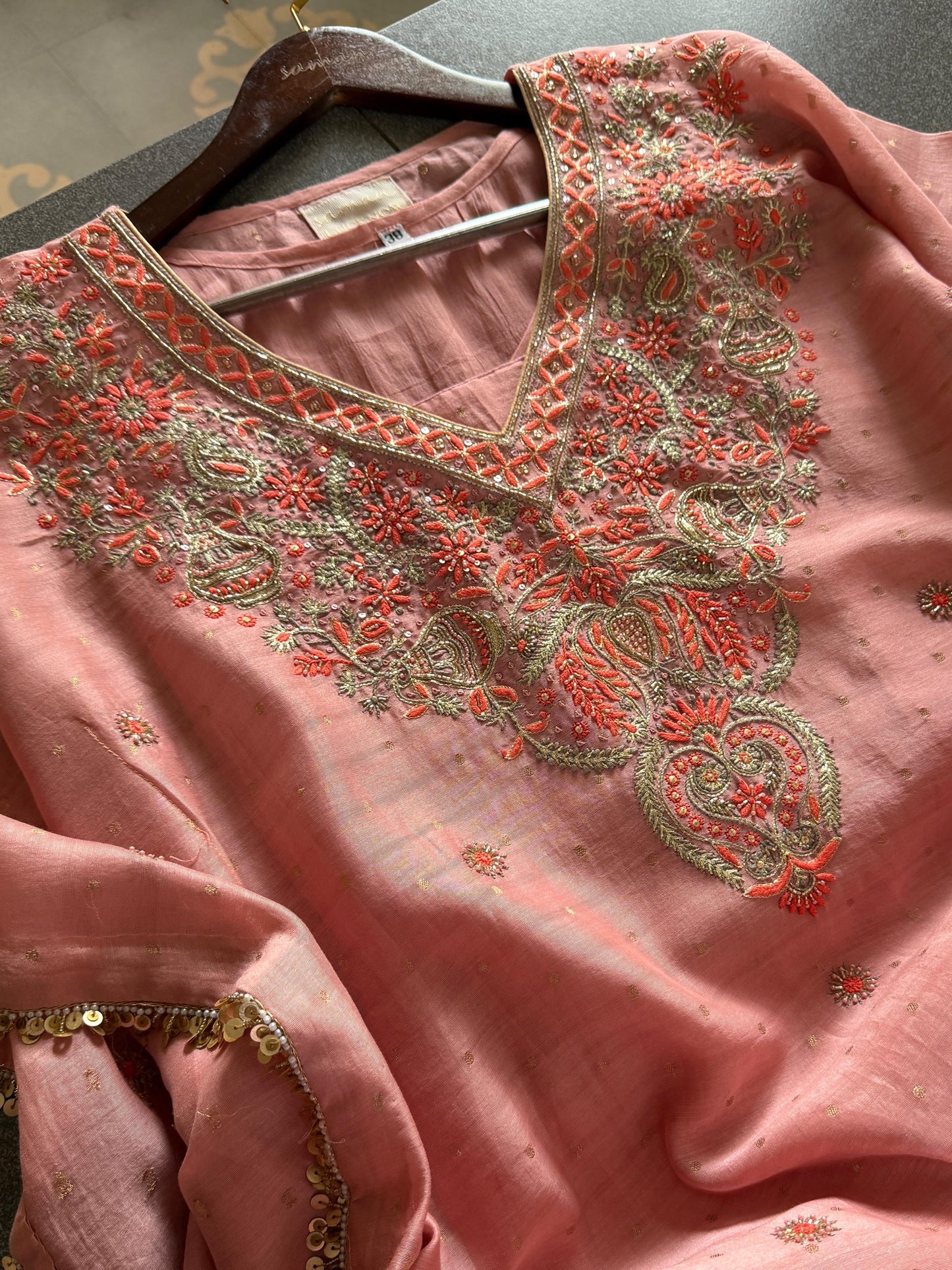 Peach Shade Zari Chanderi Chikankari Kaftan