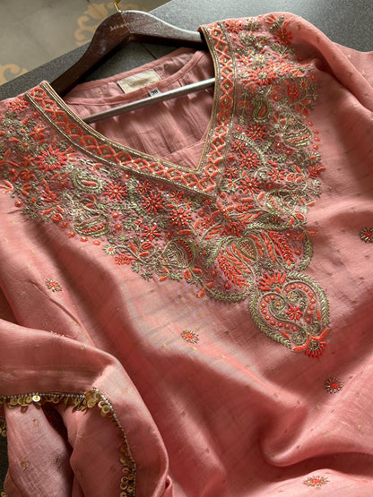 Peach Shade Zari Chanderi Chikankari Kaftan