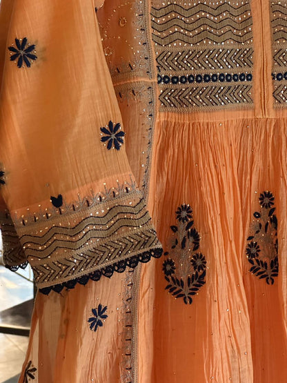 Orange Blue Malmal Mukaish Kamdani Chikankari Stitched Kurta Dupatta Set