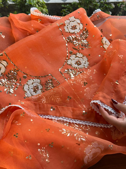 Orange Noor Organza Silk Mukaish Pearl Chikankari Unstitched Fabric