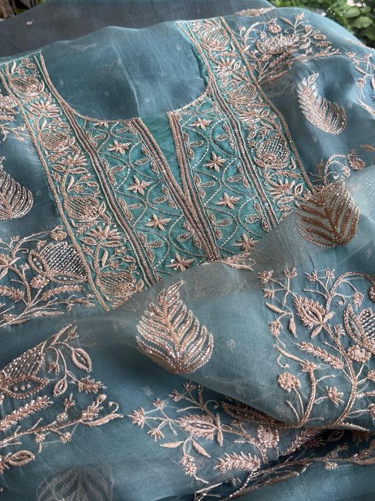 Pastel Shade Noor Organza Silk Chikankari Unstitched Kurta Dupatta Set