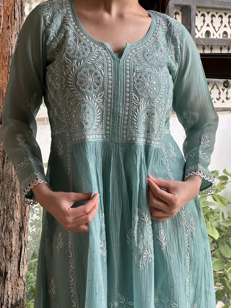 Light Blue Shade Malmal Mukaish Kamdani Chikankari Ready to Wear