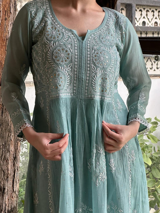Light Blue Shade Malmal Mukaish Kamdani Chikankari Ready to Wear