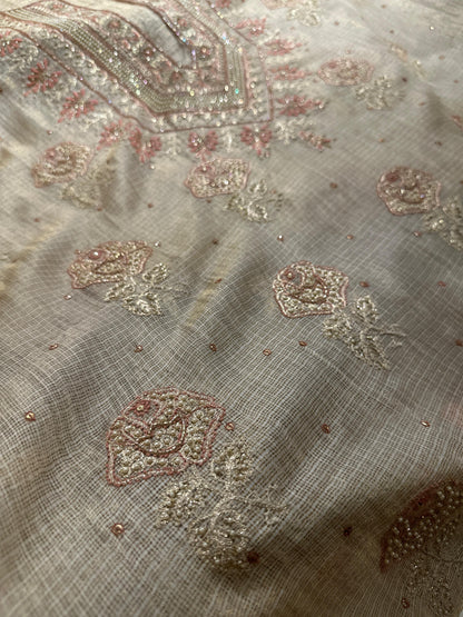 Beige Peach Tissue Kota Chikankari Unstitched Fabric