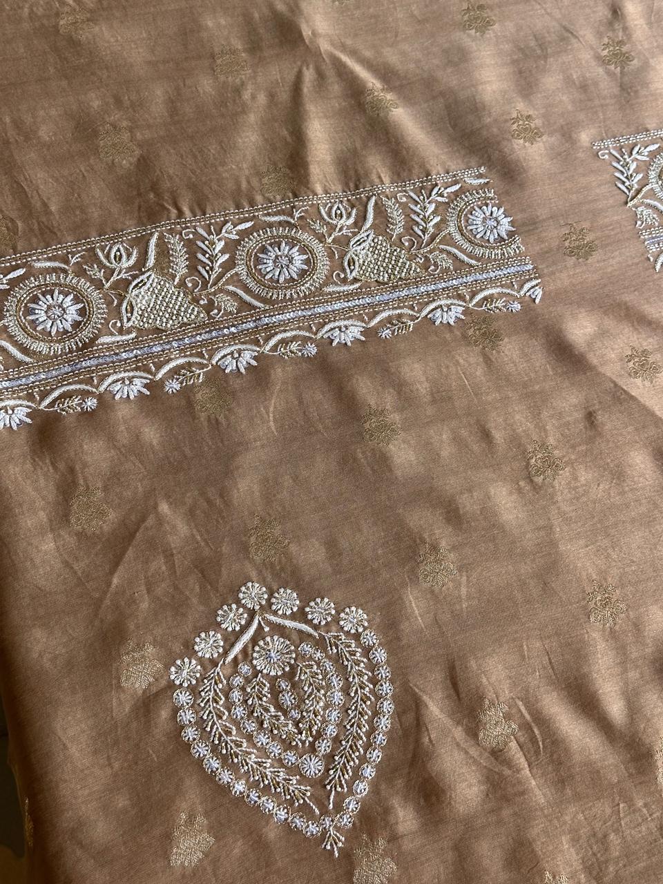 Tobacco Brown Shade Banarasi Zari Chanderi Unstitched Chikankari Fabric
