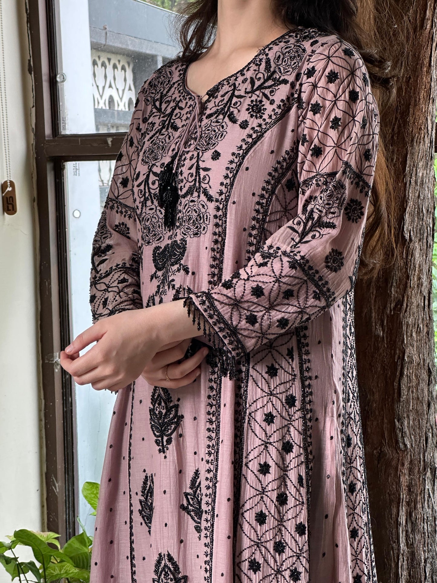 Plum Black Shade Malmal Pearl Work Chikankari Anarkali